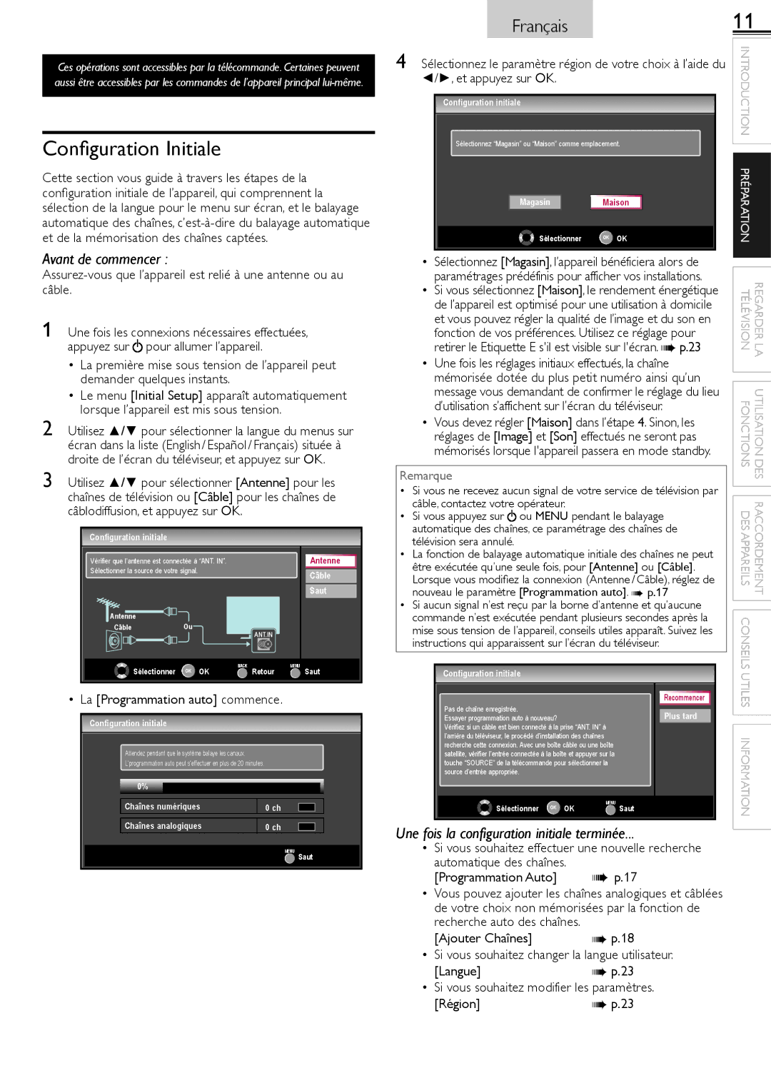 Magnavox 26MF321B owner manual Configuration Initiale, La Programmation auto commence, Et appuyez sur OK,  17 